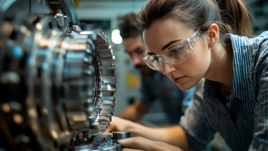 A person wearing safety goggles is working on a machine or technical device.