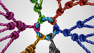 An artistic representation features colorful ropes converging into a knot in the center. The ropes are in various colors (green, red, blue, purple, orange, yellow, and gray) and create a dynamic pattern with different knots gathering towards the center.