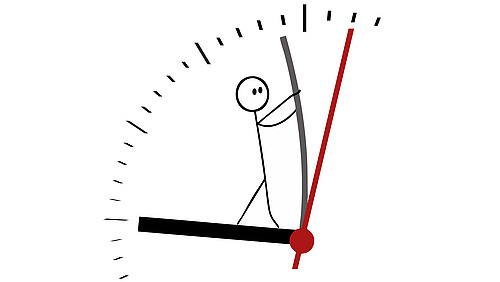 A sketch of a counter or a display with a red colored pointer position indicating a certain level. In the center of the counter is a simple drawing of a person who looks like they are monitoring a chart or process.