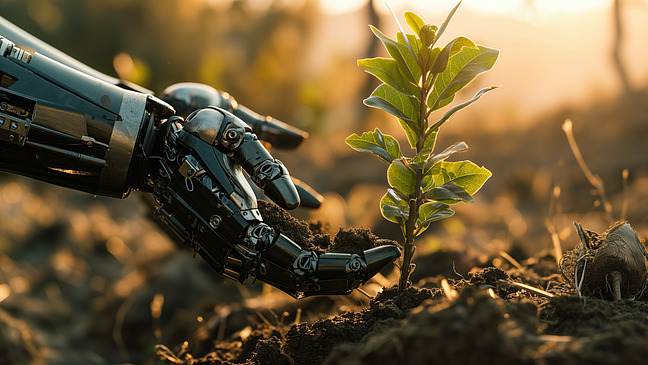 Eine Roboterhand pflanzt behutsam ein junges Gewächs – das Bild steht symbolisch für den verantwortungsvollen Einsatz von Technologie zur Unterstützung nachhaltiger Entwicklungen.