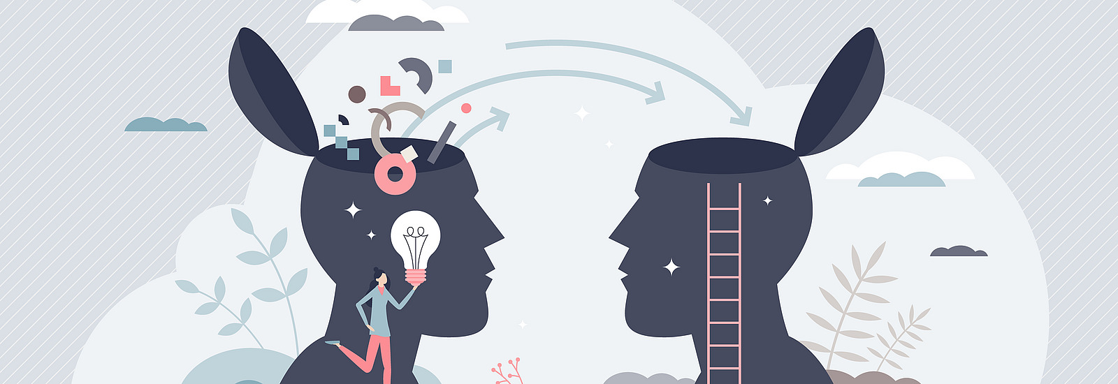 Die Illustration zeigt in symbolischer Form den Prozess der Wissensweitergabe: Eine kleine Person hält eine Glühbirne – Sinnbild für eine neue Idee oder Erkenntnis – und steht dabei vor einem geöffneten Kopf, aus dem Gedanken und Informationen sprichwörtlich „überspringen“. Diese fließen über einen angedeuteten Pfeilbogen in den geöffneten Kopf einer zweiten Person. Eine Leiter symbolisiert den Zugang zu neuem Wissen.  Das Bild steht exemplarisch für die Interaktion zwischen Lernenden und Lehrenden, für Mentoring, Austausch und Bildung – also für das, was Lernen im Kern ausmacht: den gemeinsamen Transfer von Wissen, Fähigkeiten und Erfahrungen.