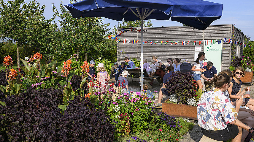 A flower bed, behind it a parasol and several people in front of a wooden building.