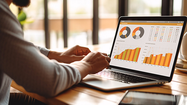 Person, die an einem Laptop arbeitet. Auf dem Bildschirm sind Diagramme und Grafiken sichtbar, die Daten und Statistiken darstellen.