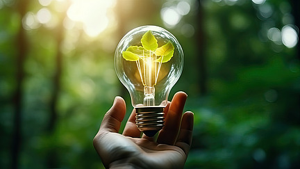 A hand holds a light bulb from which green leaves are growing. The surroundings are blurred and show a green, natural background. The light bulb radiates light and symbolizes sustainability and environmental awareness.