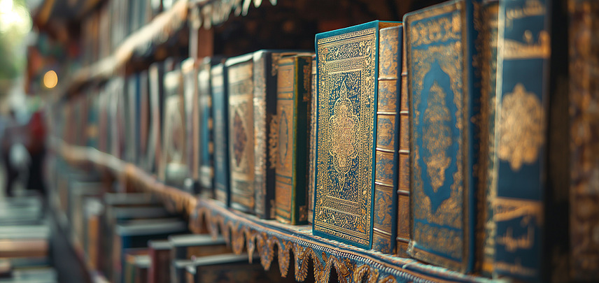 Bookshelves with numerous Koran books colored blue and gold.