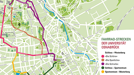 Kartenausschnitt mit farbig eingezeichneten Wegen