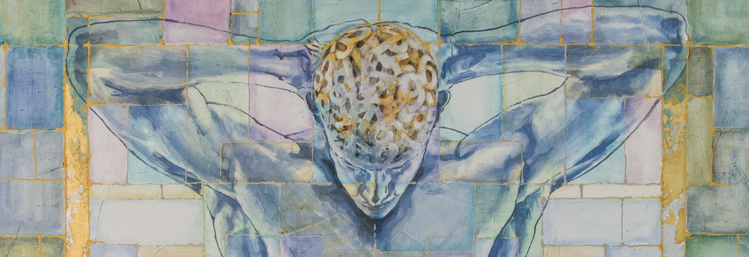 The picture shows an abstract depiction of a person with his head tilted back and his arms raised. The head is decorated with a complex pattern that suggests a brain structure. 