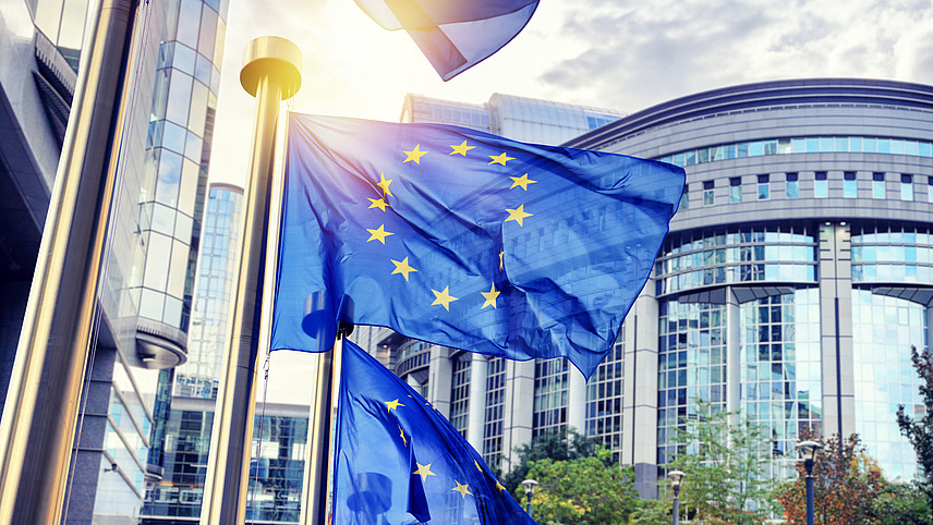 Several European flags (blue background, 12 yellow stars arranged in a circle) flutter in the wind on flagpoles in front of a glass building complex.