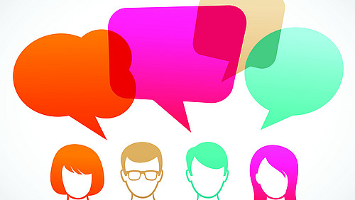 Four colored person icons with speech bubbles above their heads.