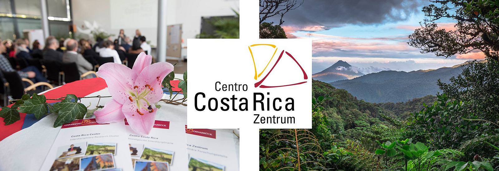 Zwei Fotos nebeneinander: eine Veranstaltung des Costa Rica Zentrums und der Vulkan Arenal bei Sonnenuntergang, gesehen von der Region Monteverde in Costa Rica. Das kleine Logo des Costa Rica Zentrums liegt mittig auf beiden Fotos.