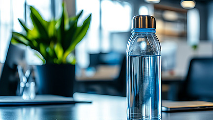 Ein Wasserflasche aus Glas steht auf einem Tisch in einem modernen Büroraum. Im Hintergrund ist eine große Pflanze in einem Blumentopf sowie verschwommene Büromöbel und Fenster zu sehen, die für eine helle, einladende Atmosphäre sorgen.