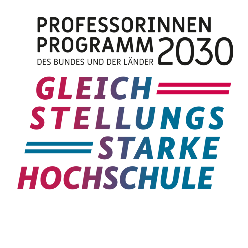 Das Bild zeigt das Logo des „Professorinnenprogramms 2030“ des Bundes und der Länder. Es betont die Themen Gleichstellung und starke Hochschulen