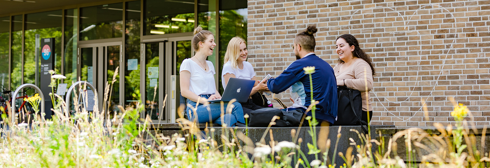 Four students sit on a bench in front of the library on Westerberg and talk.