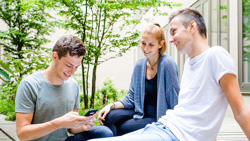 Students in the atrium of the Westerberg library