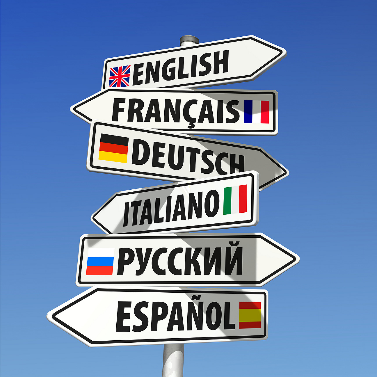 Signposts with signs indicating the languages English, French, German, Italian, Russian and Spanish.