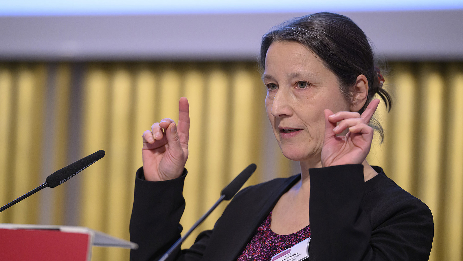 A woman speaks into the microphone and gestures with her hands.