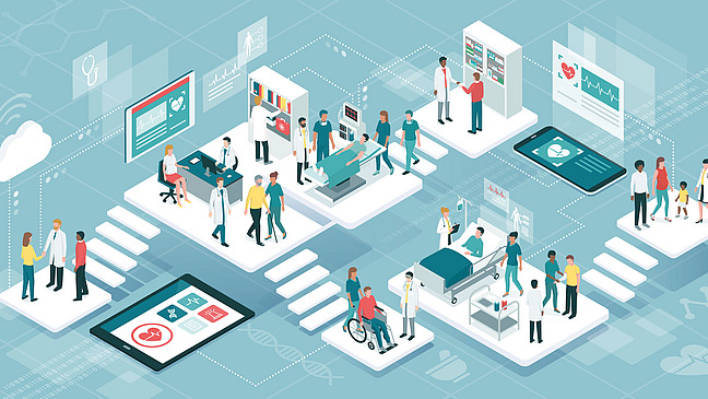 Medicine and healthcare Das Bild ist eine grafische Darstellung eines modernen Gesundheits- und Medizinszenarios. Verschiedene Szenen sind in einem isometrischen Stil angeordnet, die Interaktionen zwischen Ärzten, Patienten und Technologie zeigen.