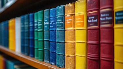 Colorful collection of books neatly arranged on a wooden shelf. A diverse range of colors and sizes showcasing a variety of literature.