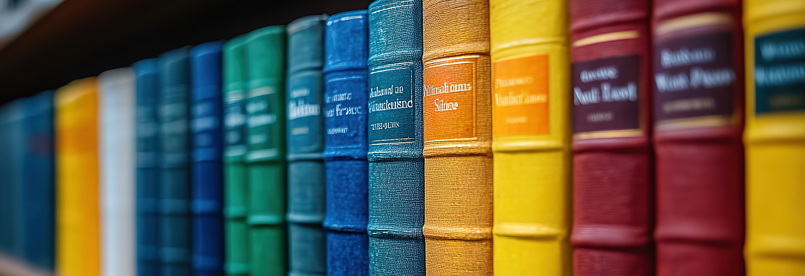 Colorful collection of books neatly arranged on a wooden shelf. A diverse range of colors and sizes showcasing a variety of literature.