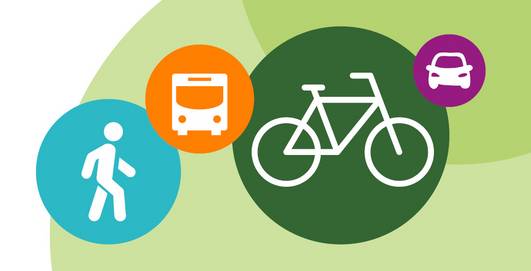 Symbole für Mobiliät: Fußgänger, Bus, Fahrrad, Auto
