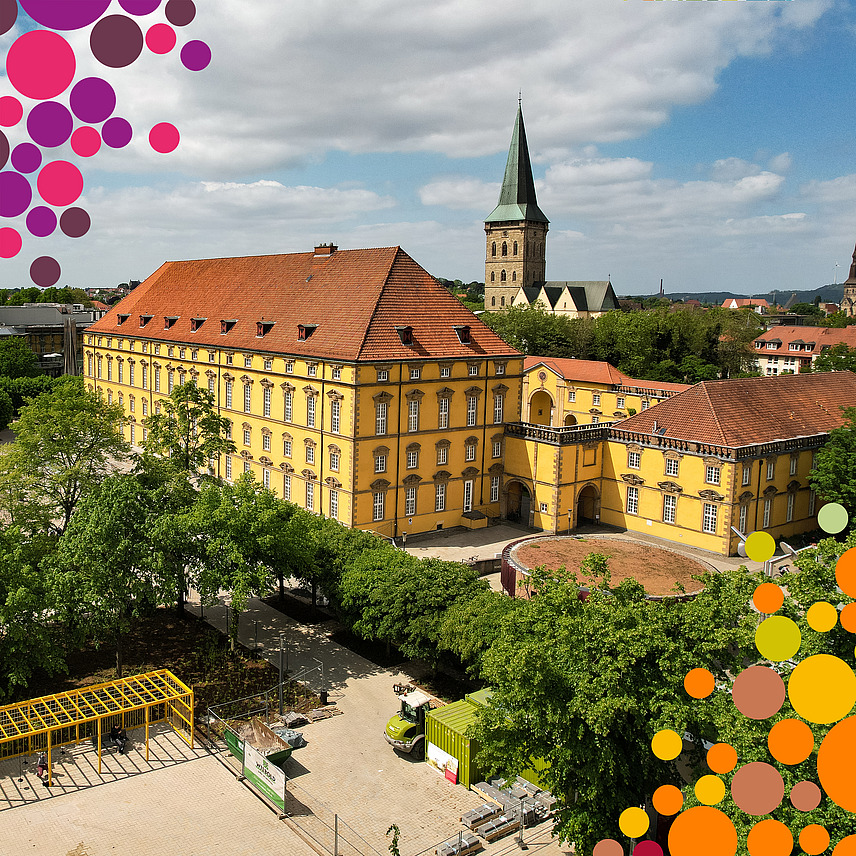 Luftaufnahme aus Südwest mit Blick auf das Schloss. Im Hintergrund die Kirchtürme von Sankt Kahtarinen und Sankt Marien