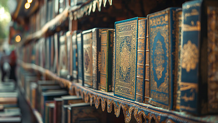 Bookshelves with numerous Koran books