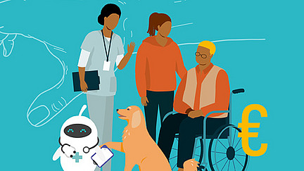 An illustrated scene shows two women speaking with a smiling elderly man sitting in a wheelchair. At their feet is a dog, and a robot-like figure with a medical device is nearby. In the background, a large euro symbol is visible.