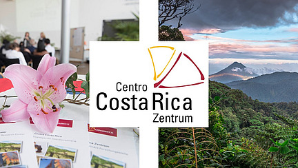 Two photos side by side: an event of the Costa Rica Center and the Arenal Volcano at sunset, seen from the Monteverde region in Costa Rica. The small logo of the Costa Rica Center is in the middle of both photos.