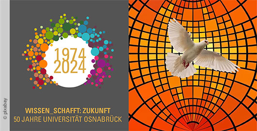 Das Bild zeigt eine Grafik zur Feier des 50-jährigen Bestehens der Universität Osnabrück. Auf der linken Seite sind bunte Punkte in einem Kreis angeordnet, begleitet von dem Text "1974-2024" und "WISSEN. SCHAFFT. ZUKUNFT". Auf der rechten Seite ist ein orangefarbenes Netzmuster mit einer fliegenden Taube in der Mitte.