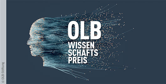 Symbolbild mit Kopf im Profil aus vielen blauorangen Strängen. Darauf der Schriftzug "OLB Wissenschaftspreis"