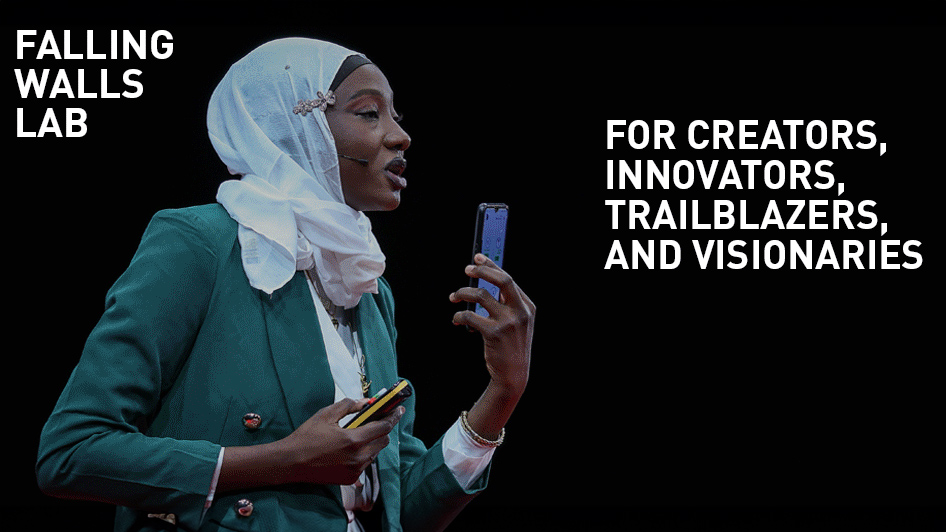 A woman wearing a hijab holds a smartphone and speaks on a stage. The image promotes the "Falling Walls Lab" for creators, innovators, and visionaries.